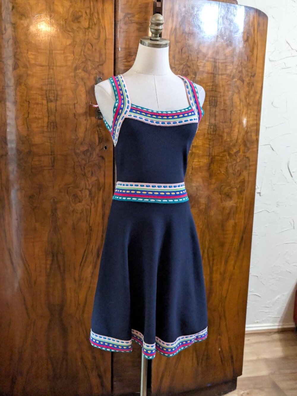 Milly New York Multicolor Trim Skater Dress M Blue Retro Y2K Whimsigoth - Picture 2 of 7